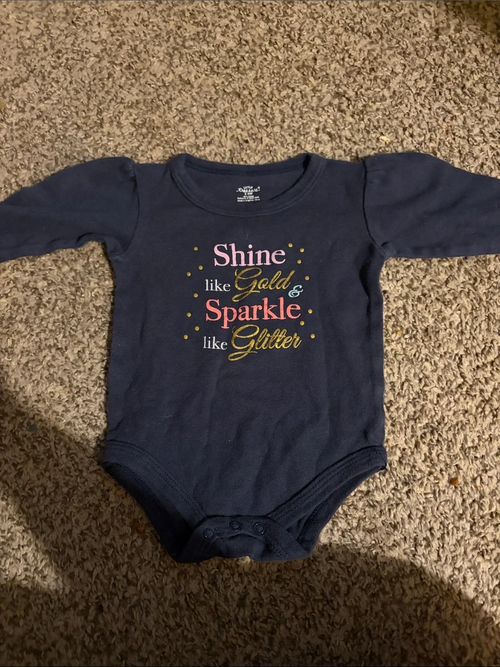 Navy Long-Sleeve Baby One-Piece with Gold & Pink Sparkle Text